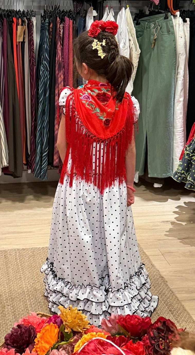 Traje de Flamenca Blanco Lunares Niña